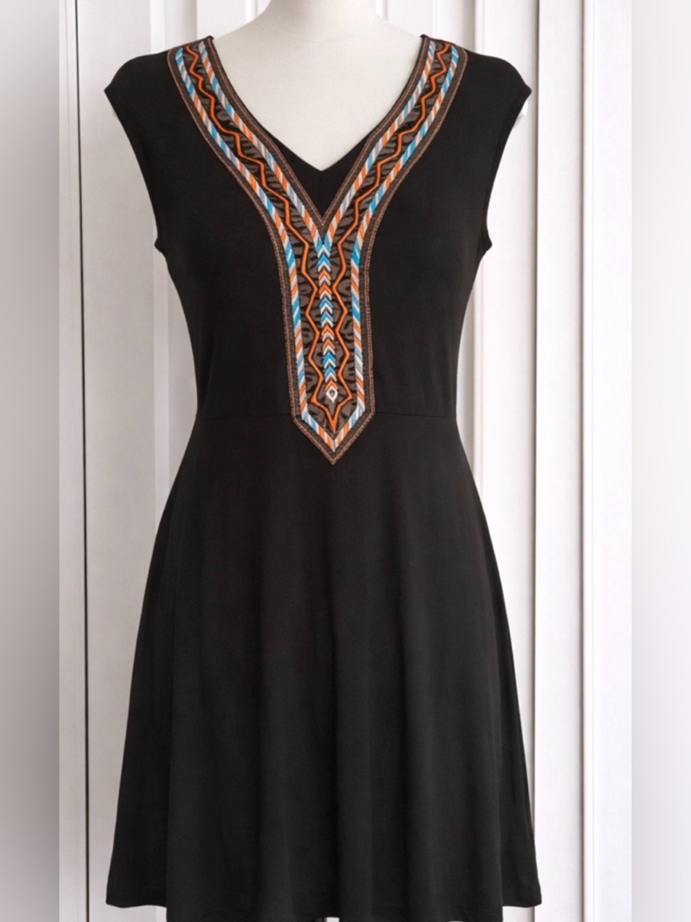 Annianna Black Midi Dress with Blue and Brown Embroidered V-Neck